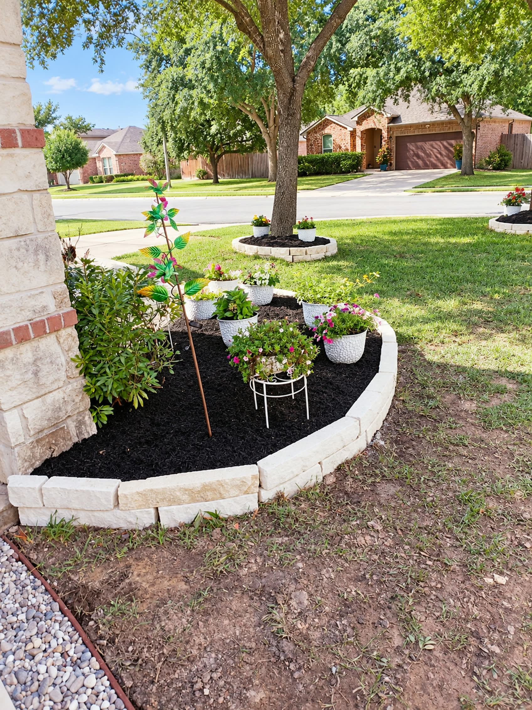 Freshly edged corner garden bed with dark mulch and flowering plants